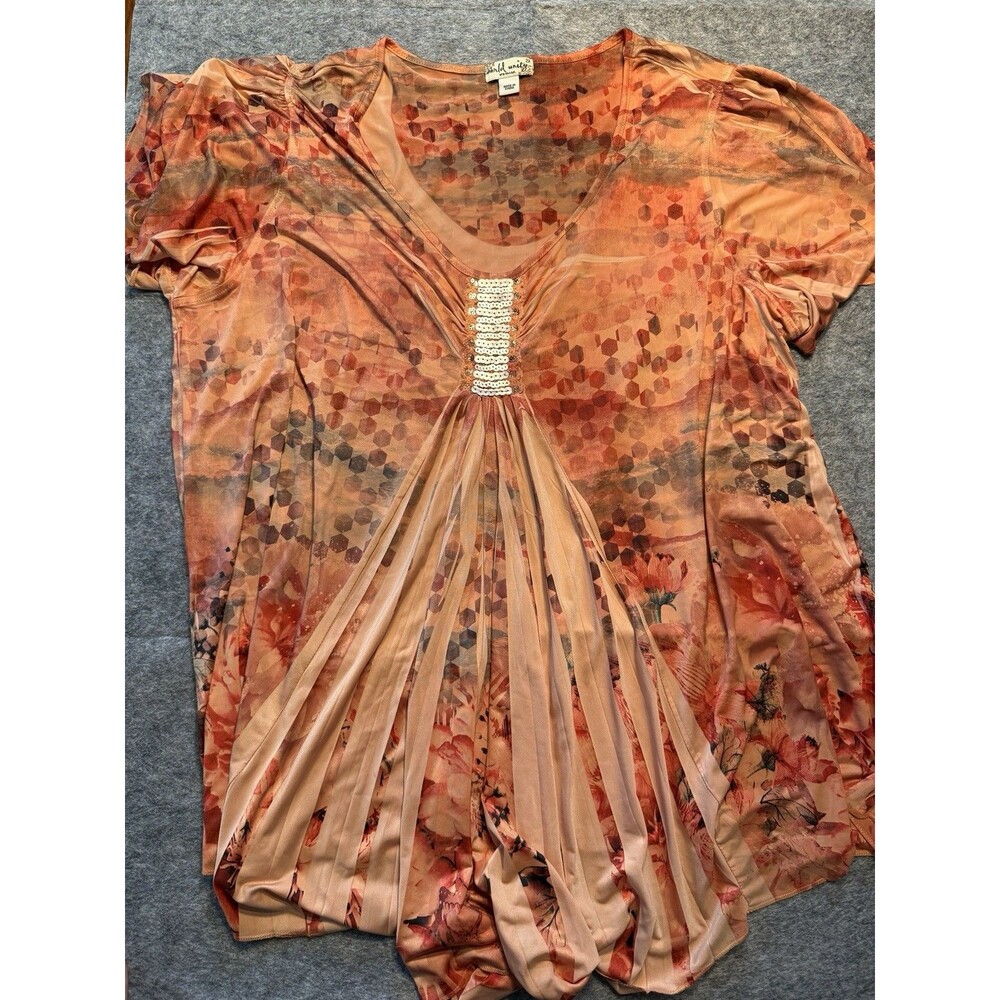 World Unity Women’s Plus Chiffon Blouse Orange Floral V-Neck Sequin 2X boho soft